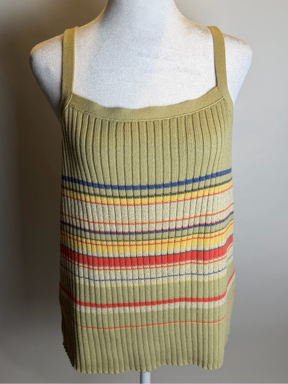 Liz Claiborne Ribbed V-Neck Tank with Multicolor Stripes- Linen & Cotton